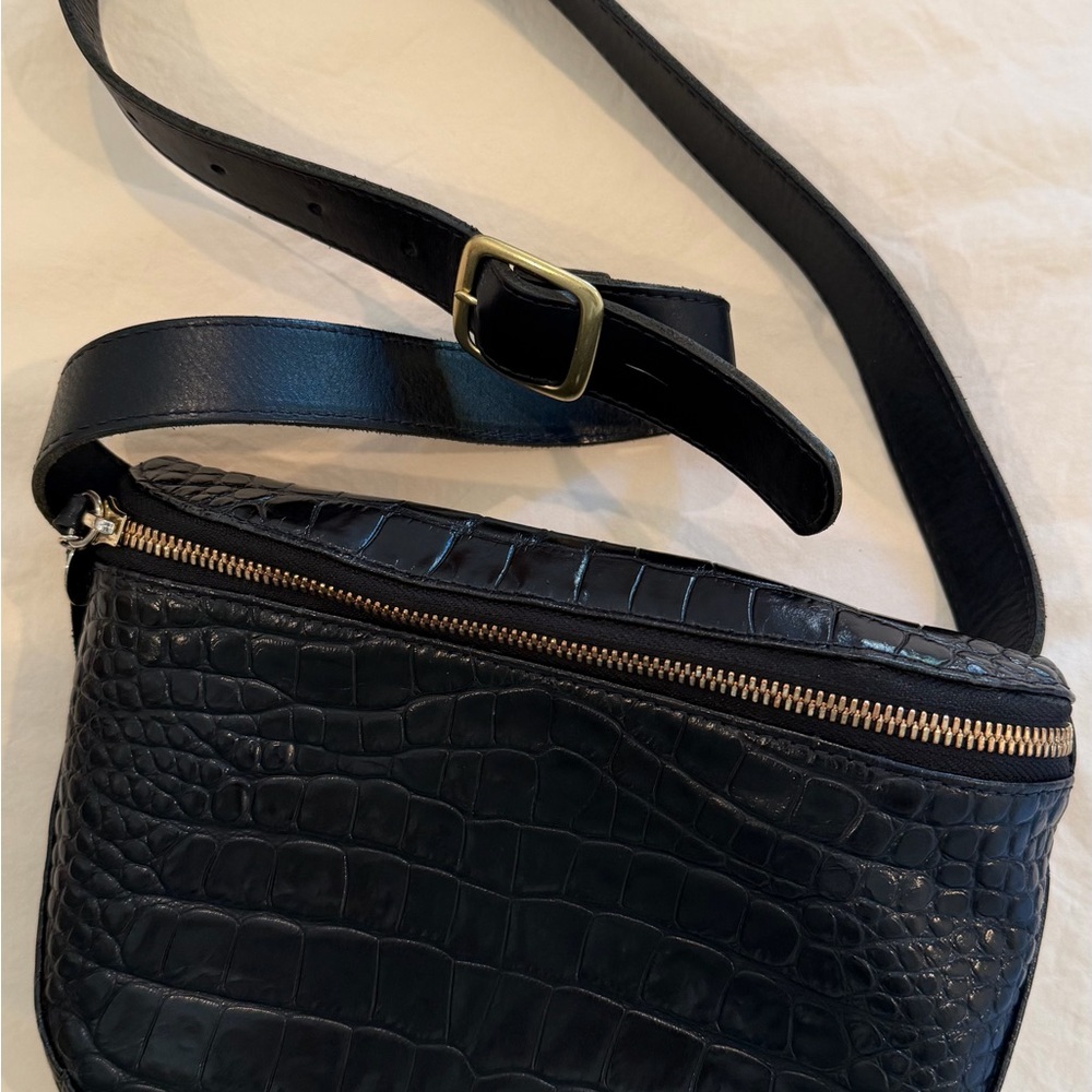 Clare V Black Croc Embossed Leather Fanny Pack